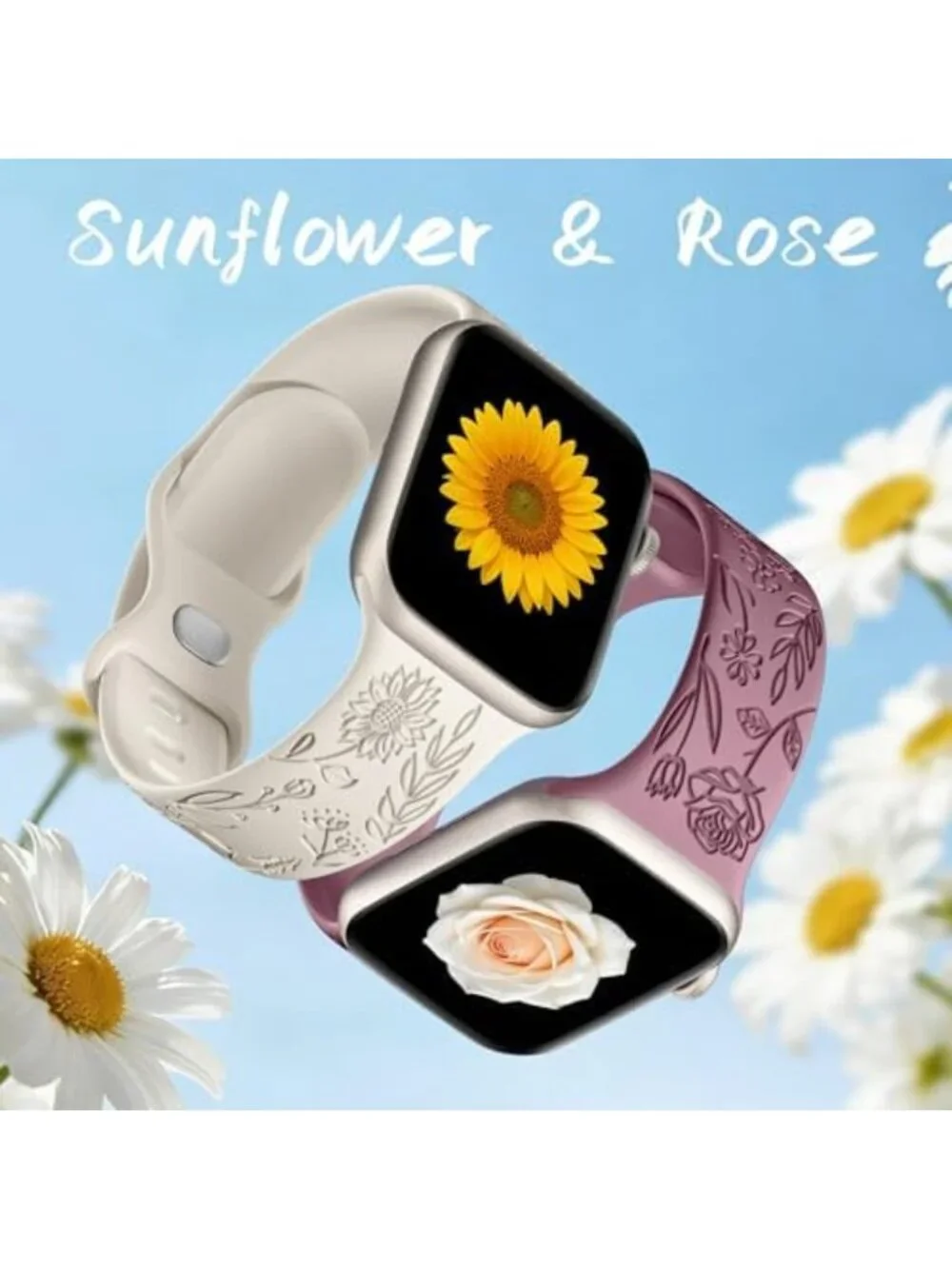 Floral Silicone Apple Watch Bands 6 Pack - Engraved Flower Pattern Straps for